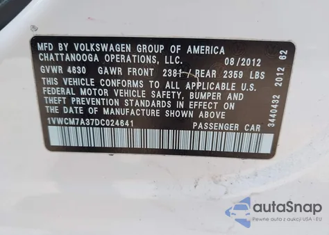 2013 Volkswagen Passat 3.6L V6 Sel Premium z USA, uszkodzony, nr VIN 1VWCM7A37DC024641